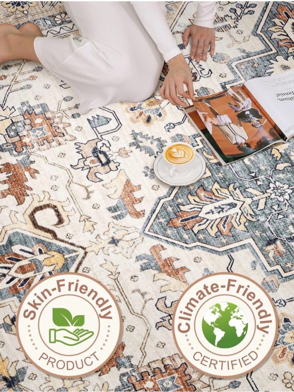 Classic Medallion Non-Slip Runner Rug in Cream, Blue, and Rust - Home Accent - Picture 9 of 11